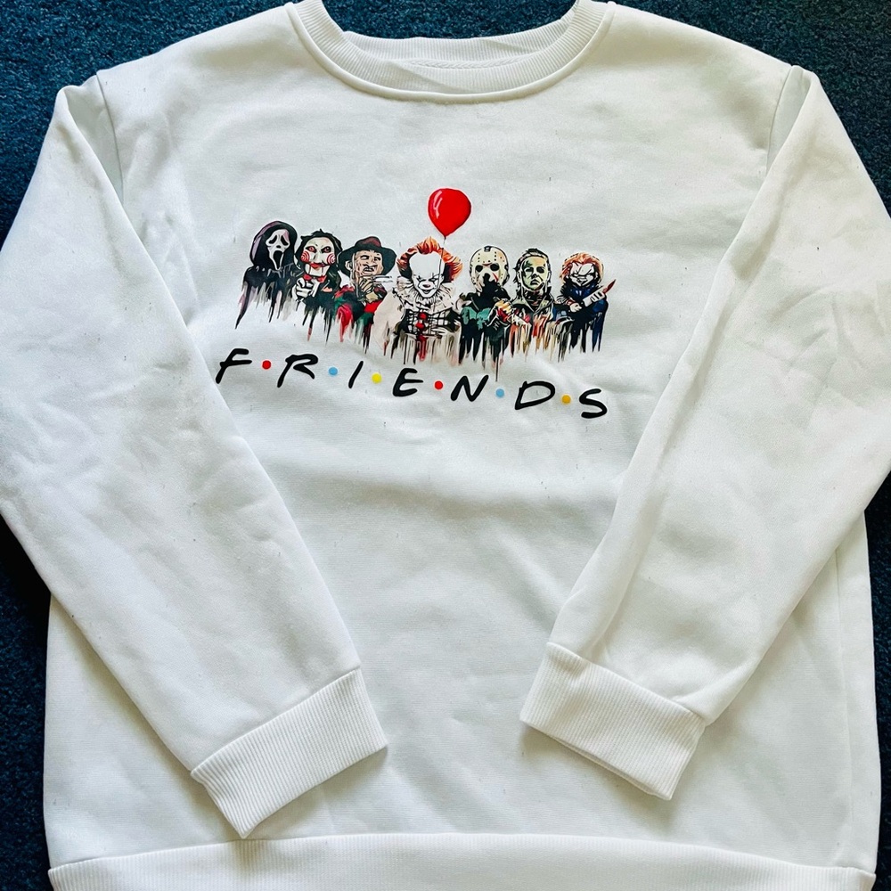White Graphic Sweatshirt with Horror Characters